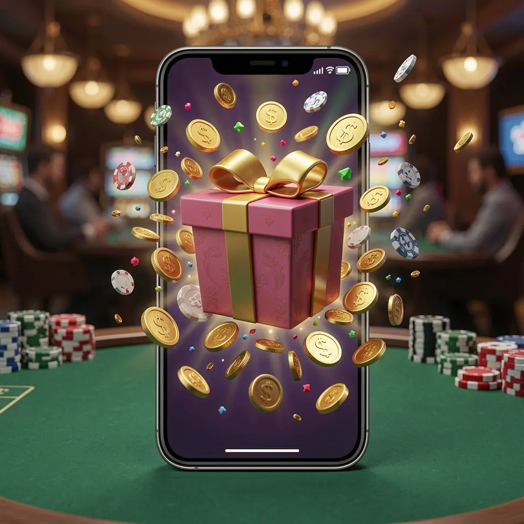 BK234 mobile casino bonus app concept showing a phone screen with a gift box and coins bursting out in a festive casino atmosphere in premium 3D illustration