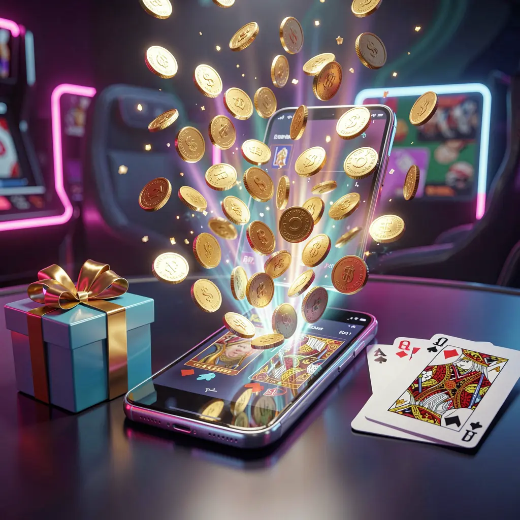BK234 mobile casino bonus banner featuring a smartphone with coins bursting from the screen, a gift box and playing cards nearby, all illuminated by a bright neon glow in a premium realistic 3D render