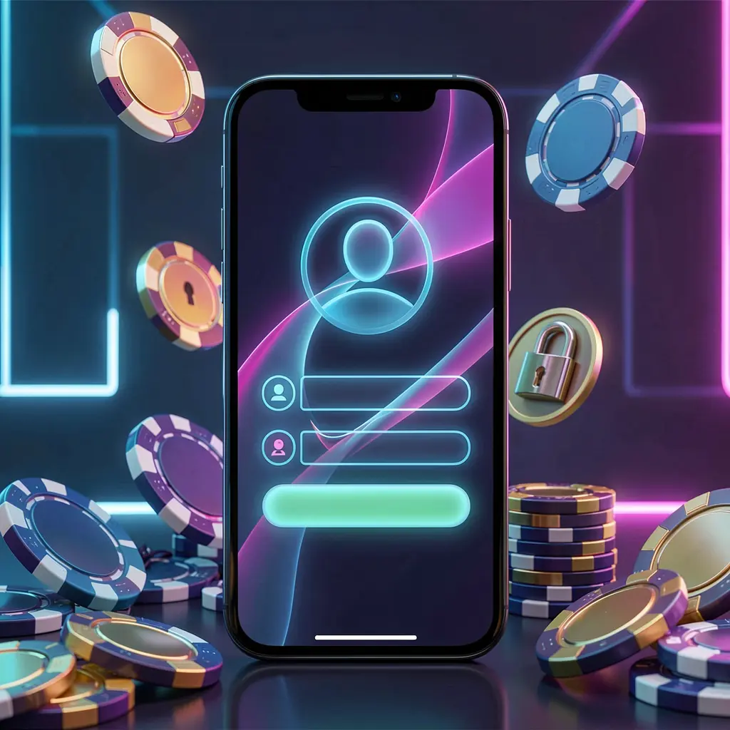 BK234 mobile gaming login page concept showing a smartphone with an abstract login interface featuring user and lock icons, surrounded by casino chips and coins under luxury neon lighting