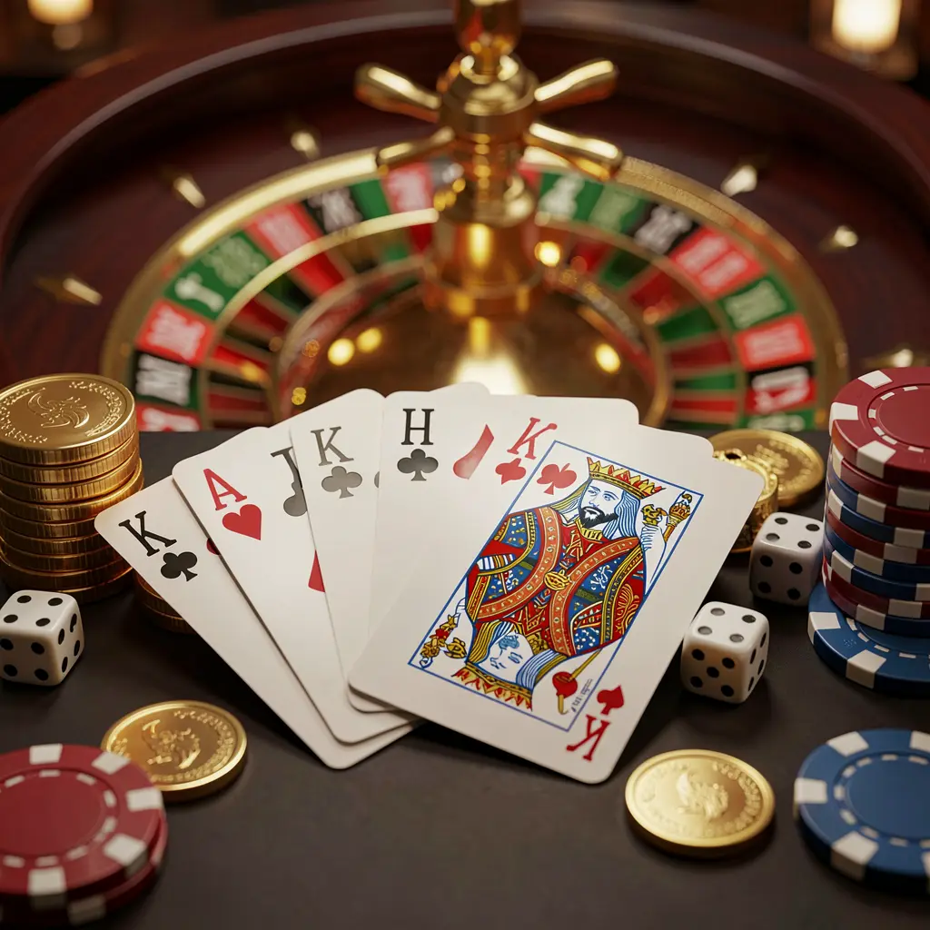 Elegant online casino homepage featuring BK234 brand with royal flush cards, dice, golden coins, poker chips on a dark table, and a glowing roulette wheel in the background in a cinematic 3D render
